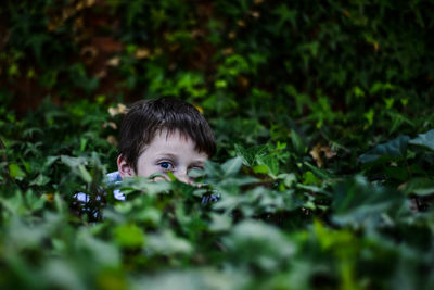 Portrait of boy amidst plants