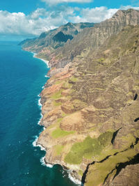 Scenic view of sea and mountains against sky