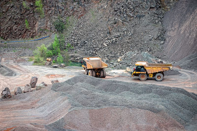 High angle view of trucks at quarry