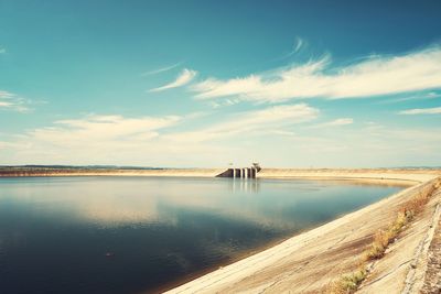Scenic view of lake by dam against sky