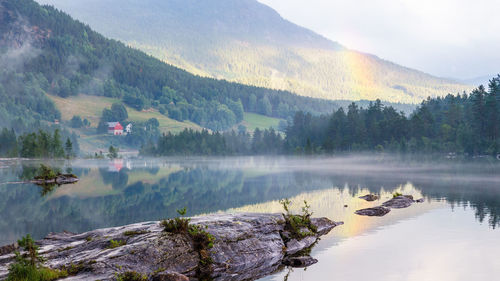 Scenic view of lake by mountains against sky