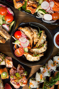 High angle view of food served on table