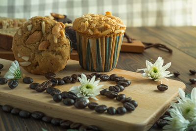 Close-up of cupcakes on cutting board