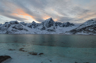 Scenic view of snowcapped mountains against sky during sunset