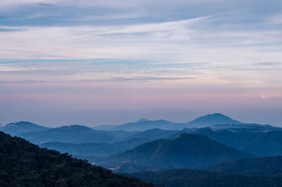 Scenic view of mountains against sky during sunset