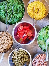 High angle view of chopped vegetables in bowl on table