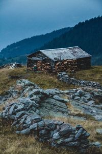 High angle view of hut against mountain