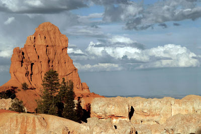 Rock formations by sea against sky