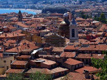 High angle view of buildings in city