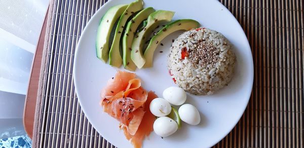 High angle view of breakfast served in plate