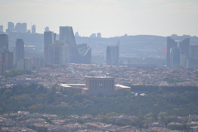 High angle view of buildings in city against sky