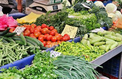 High angle view of vegetables for sale at market stall