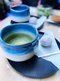 High angle view of green tea on table