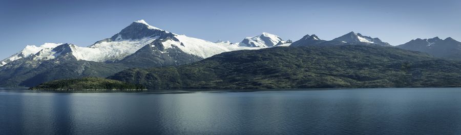 Scenic view of lake and mountains against sky