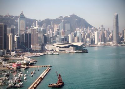 Aerial view of hong kong city at victoria harbour 