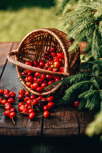 Close-up of strawberries in basket on table