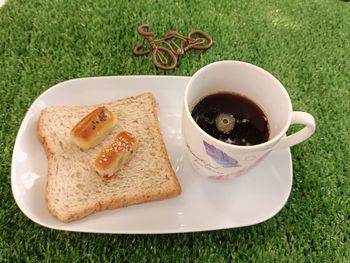 High angle view of breakfast served on table