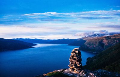 Scenic view of bay against sky