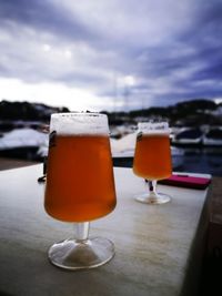 Close-up of beer in glass on table