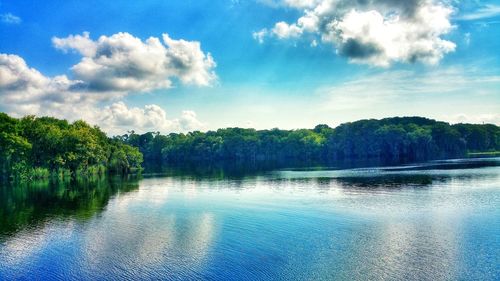 Scenic view of lake against cloudy sky