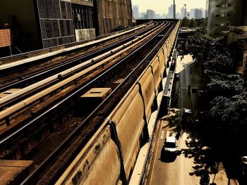 High angle view of railroad tracks in city