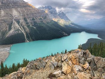 Panoramic view of lake and mountains against sky