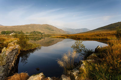 Scenic view of lake and mountains against sky