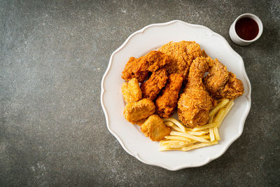 High angle view of food in plate on table