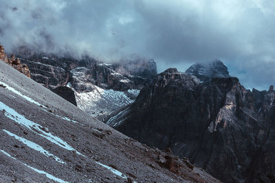 Scenic view of snow covered mountain against cloudy sky