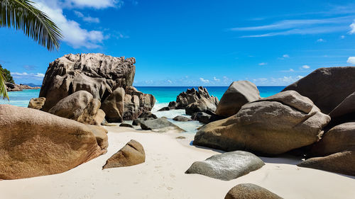 Rocks on beach against sky