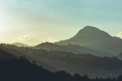 Scenic view of mountains against sky during sunset