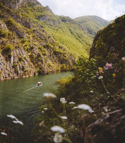 High angle view of scenic view of lake by mountain