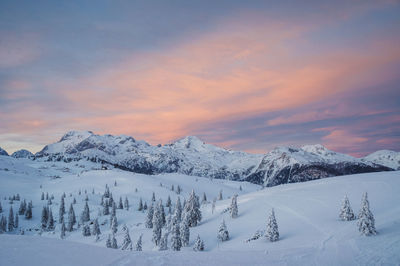 Scenic view of snow covered mountains against sky during sunset