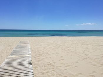 Scenic view of beach against clear blue sky