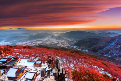 High angle view of landscape during sunset