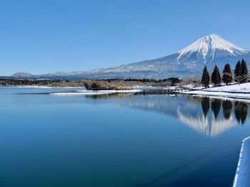 Scenic view of lake and mountains against clear blue sky