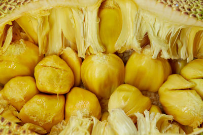 Close-up organic ripe chempedak fruit peeling on table