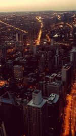 High angle view of illuminated cityscape