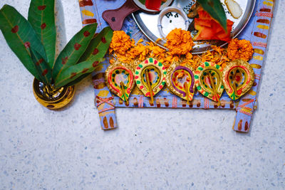 High angle view of cookies on table