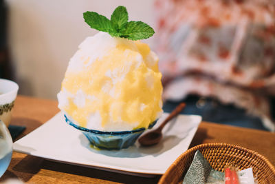 Close-up of dessert in plate on table