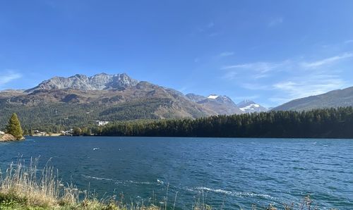 Scenic view of lake and mountains against sky