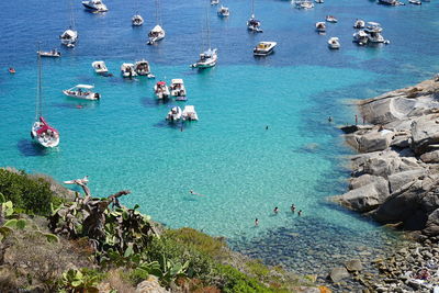 High angle view of boats in sea