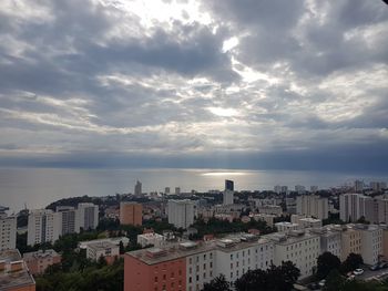 High angle view of buildings in city against sky