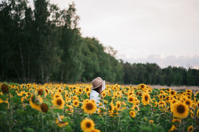Woman standing in sunflower field against sky
