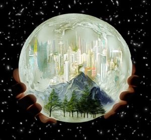 Digital composite image of hand with ball on glass