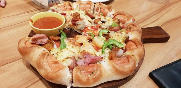 High angle view of food served on table