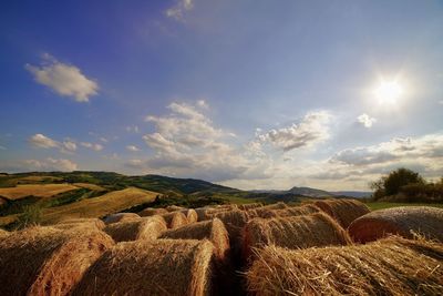 Hay bales on field against sky