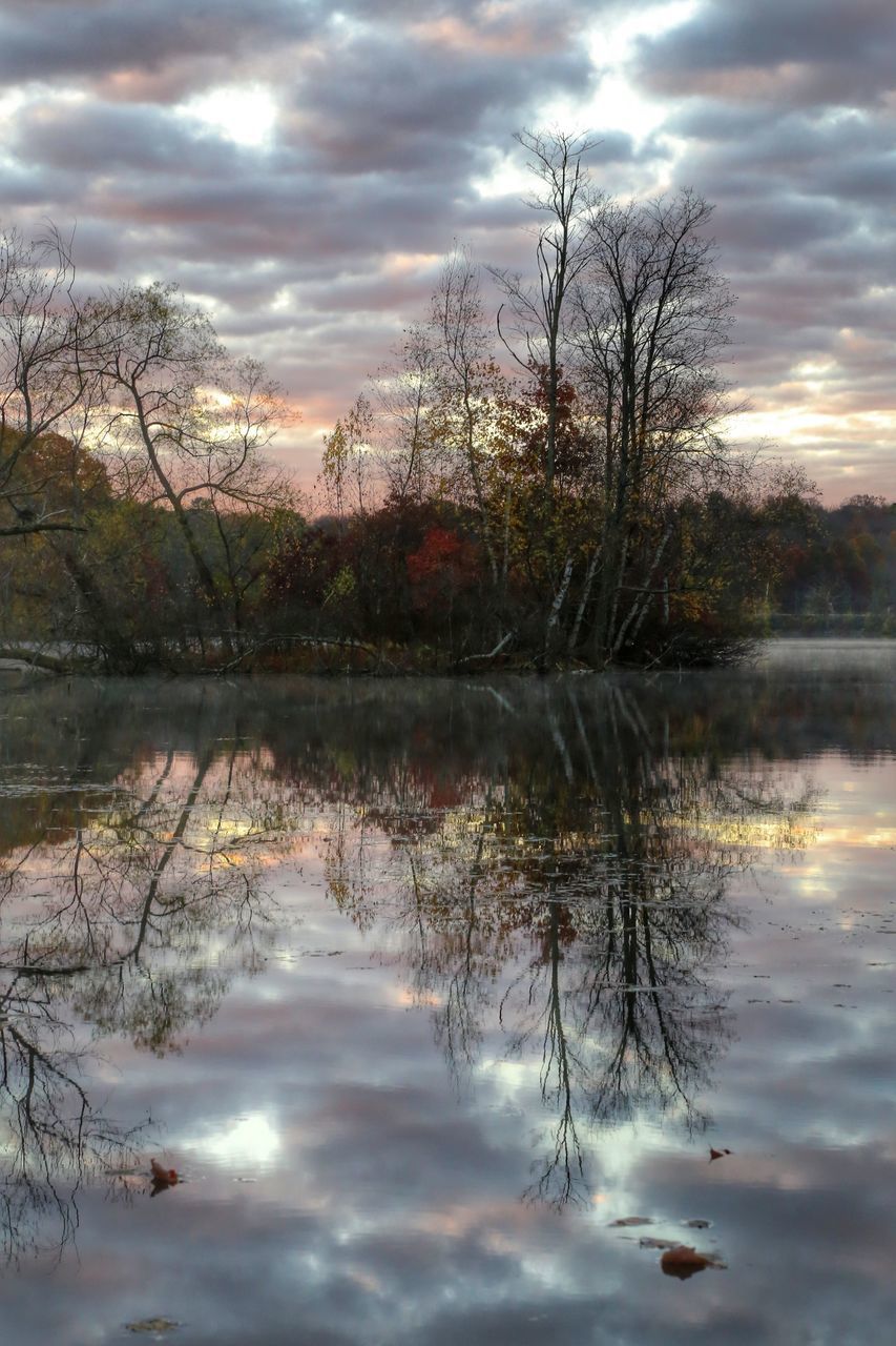 water, sky, bare tree, lake, reflection, tranquil scene, tranquility, cloud - sky, tree, cloudy, scenics, beauty in nature, nature, sunset, waterfront, cloud, river, branch, non-urban scene, idyllic