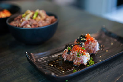 Close-up of ice cream in bowl on table
