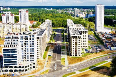 High angle view of buildings in city